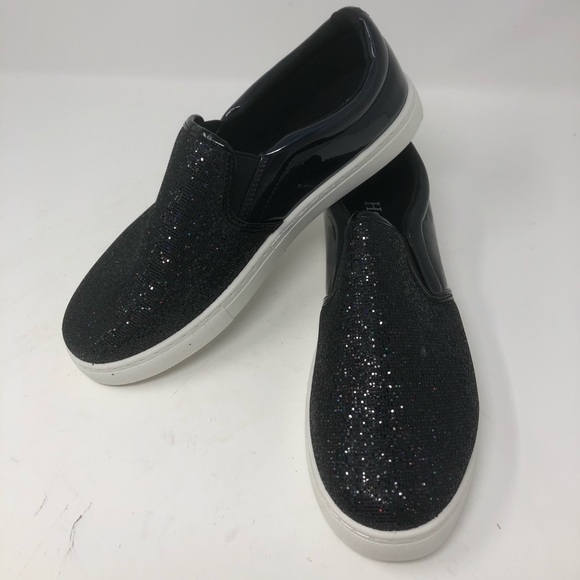 black glitter slip ons